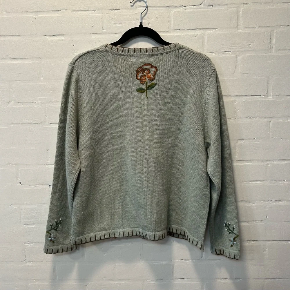 Vtg All Points Sage Green Floral Embroidered V Neck Cottagecore Sweater Sz L - Picture 6 of 7